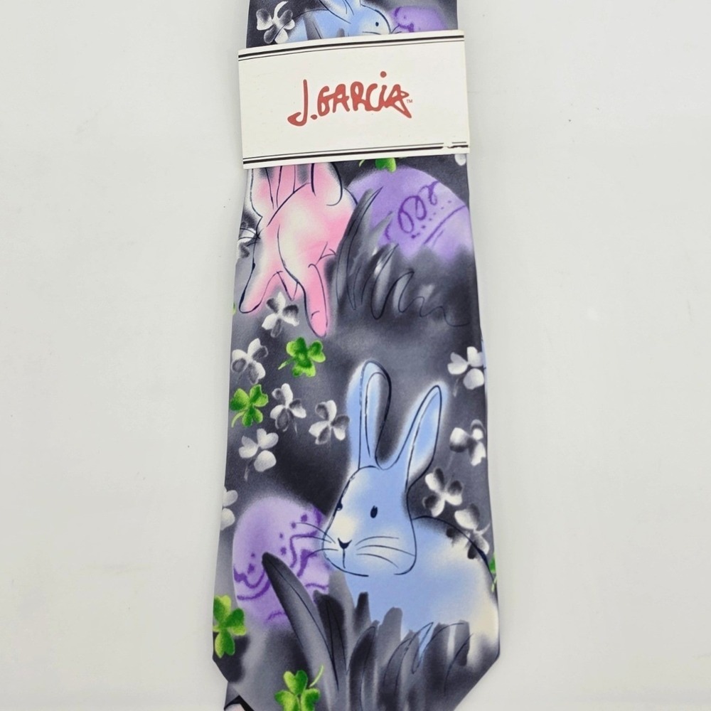 Vintage J Garcia Silk Tie Hop To It Rabbits Easter Shamrocks Grey Art Necktie